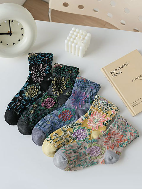 5 Pairs Women Vintage Flower Jacquard Mid-calf Socks