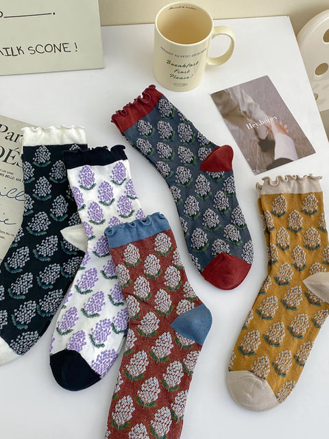 5 Pairs Women Artsy Flower Mid-Heel Cotton Socks