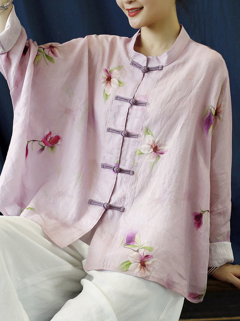 Dámský kabát větší velikosti Vintage Flower Pink Spring Ramie Shirt Coat