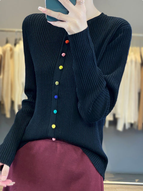 Women Autumn Colorful Button O-Neck Cotton Sweater