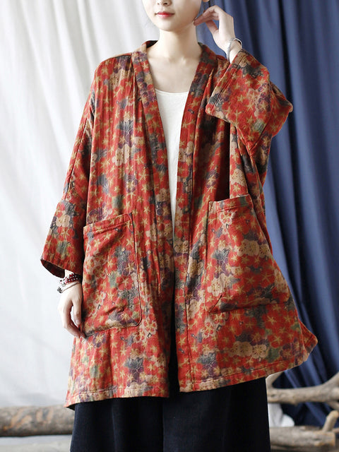 Women Ethnic Floral V-neck Pocket Cardigan Coat