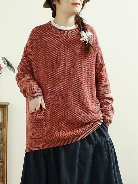 Women Casual Autumn O-Neck Solid Knit Sweater