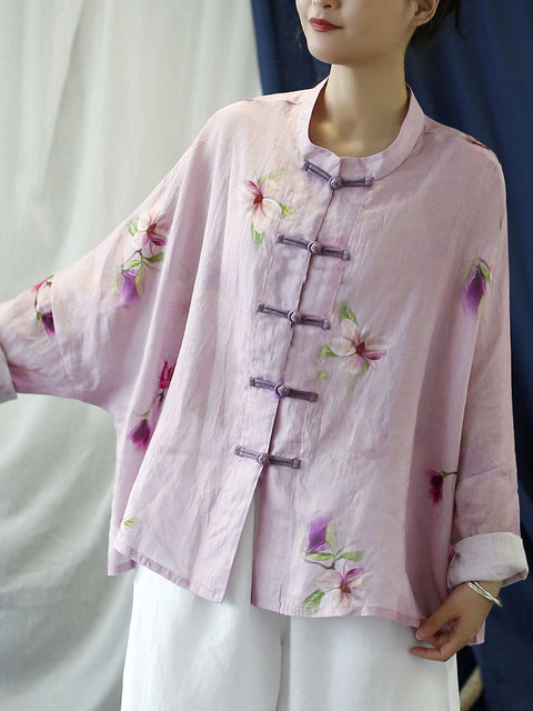 Dámský kabát větší velikosti Vintage Flower Pink Spring Ramie Shirt Coat