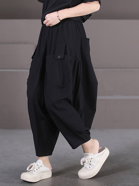 Plus Size Women Summer Casual Solid Loose Pocket Harem Pants