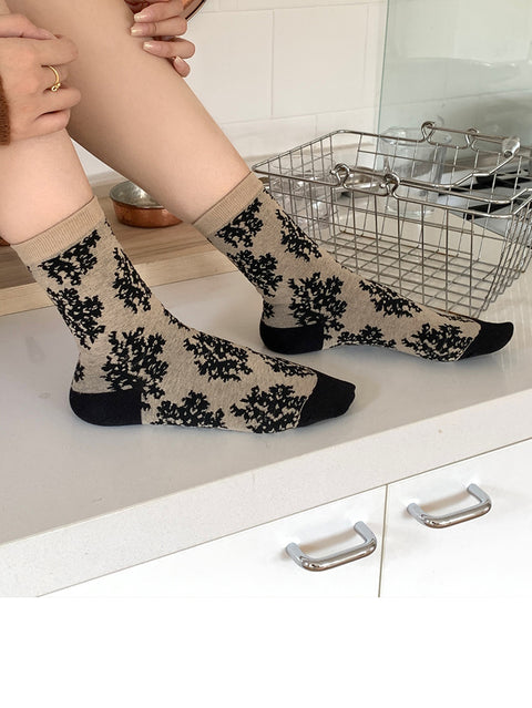 3 Pairs Women Artsy Flower Colorblock Cotton Socks