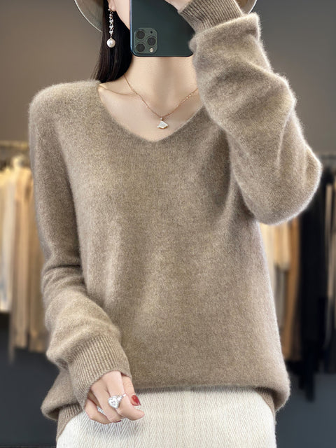 Women Autumn Pure Color V-Neck Knit Sweater