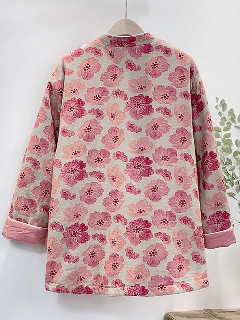 Women Retro Flower Print Pink Padded Coat