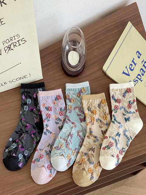 5 Pairs Women Artsy Floral Colorblock Jacquard Socks