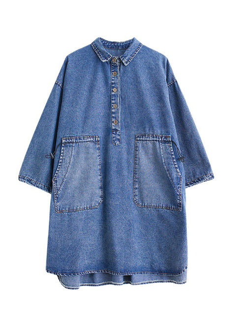 Women Casual Spring Solid Stitching Denim Long Shirt