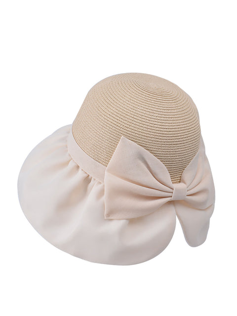 Women Summer Colorblock Straw Bowknot Sunproof Hat