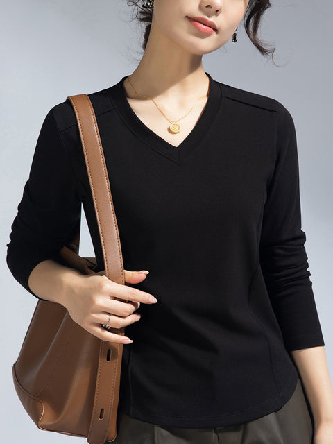 Women Spring Casual V-Neck Pure Color Blouse