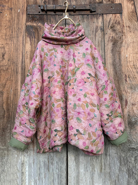 Women Vintage Autumn Floral Turtleneck Ramie Padded Coat