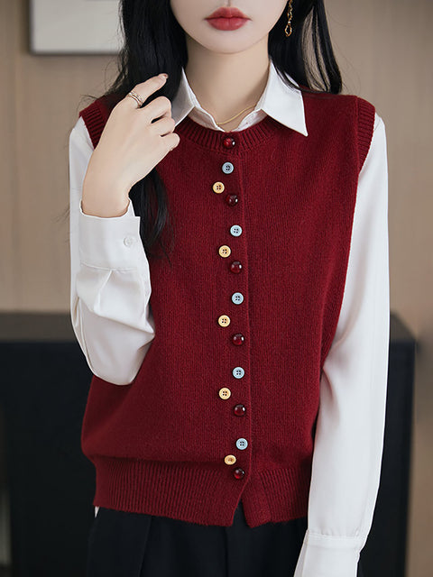 Women Spring Casual O-Neck Colorful Button Knit Vest