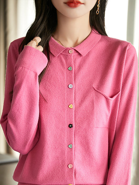 Women Spring Turn-down Collar Knit Sweater