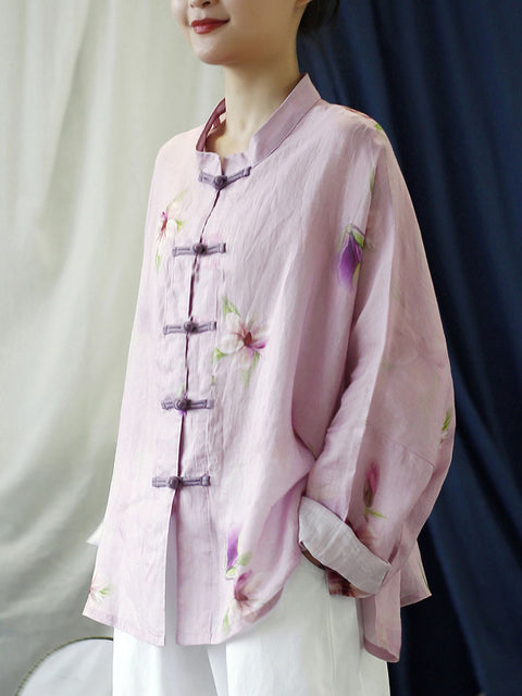 Dámský kabát větší velikosti Vintage Flower Pink Spring Ramie Shirt Coat