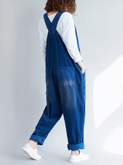 Women Retro Colorblock Autumn Denim Jumpsuits