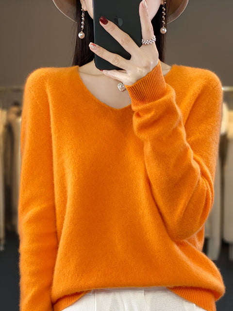 Women Autumn Pure Color V-Neck Knit Sweater