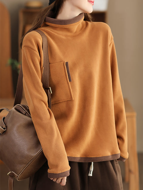 Women Casual Winter Spliced Turtleneck Fleece Sweatshirt