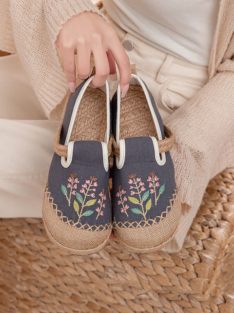 Women Ethnic Flower Embroidery Linen Cotton Flat Shoes