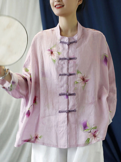 Dámský kabát větší velikosti Vintage Flower Pink Spring Ramie Shirt Coat