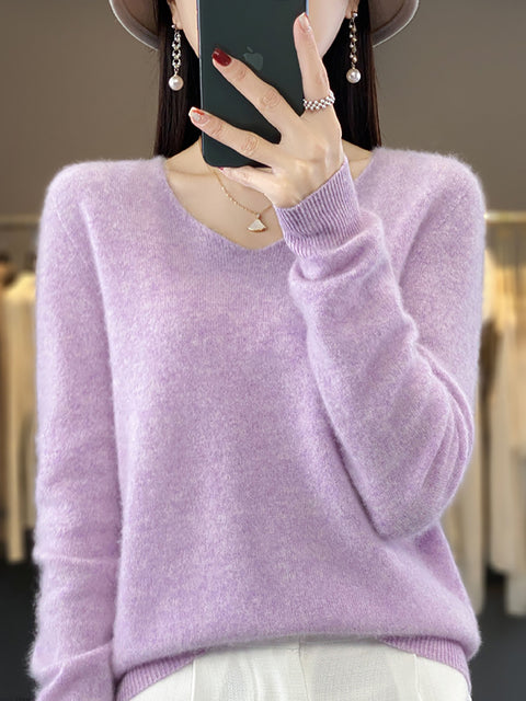 Women Autumn Pure Color V-Neck Knit Sweater