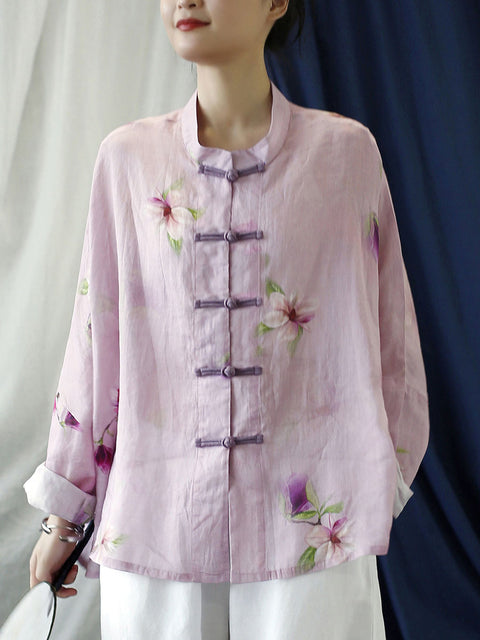 Dámský kabát větší velikosti Vintage Flower Pink Spring Ramie Shirt Coat