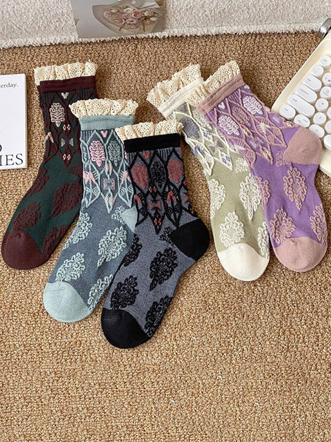 5 Pairs Women Autumn Artsy Flower JAcquard Cotton Socks