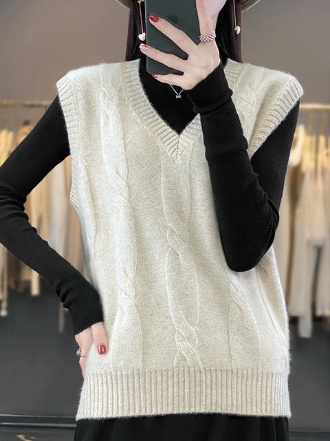 Women Casual Autumn Wool V-Neck Cable Knit Vest