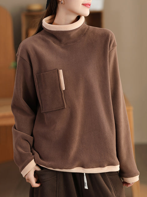 Women Casual Winter Spliced Turtleneck Fleece Sweatshirt