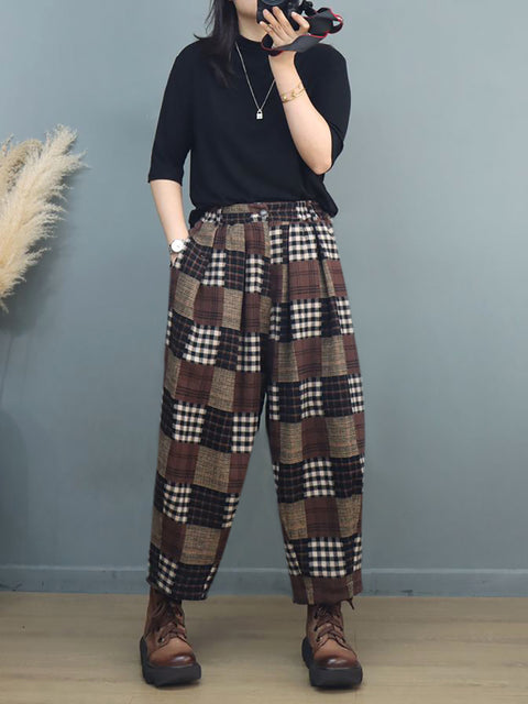 Plus Size Women Autumn Vintage Plaid Harem Pants