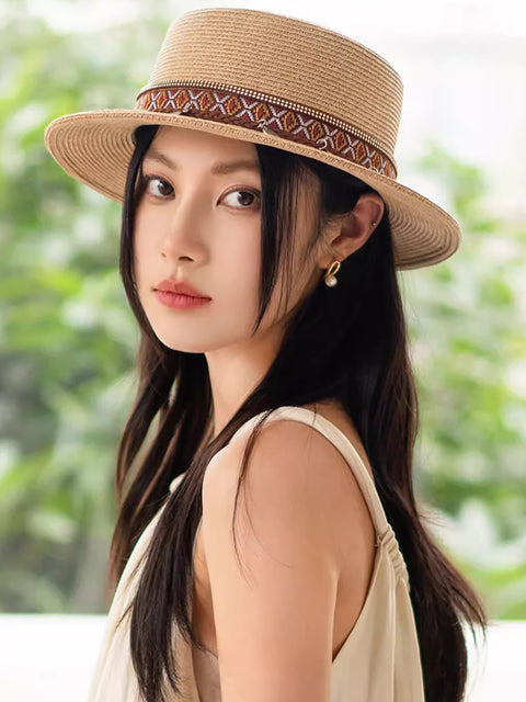 Women Summer Ethnic Straw Flat Top Travel Hat