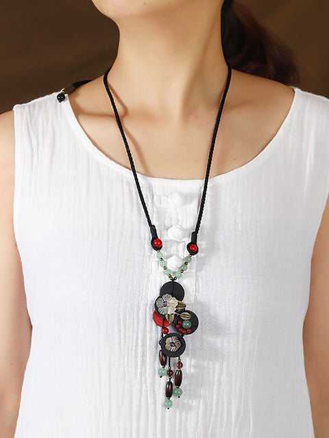 Women Ethnic Wooden Alloy Flower Tassel Pandent Necklace