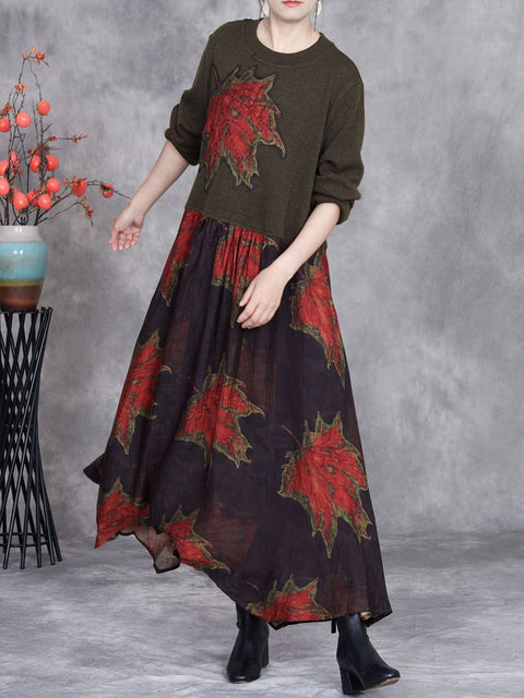 Women Autumn Maple Leaf Irregular Hem O-Neck Loose Dress