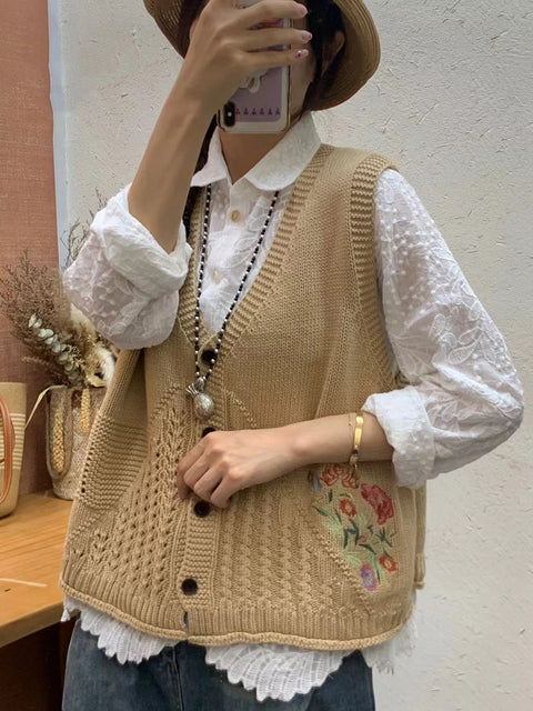 Women Autumn Artsy Flower Embroidery Knit V-Neck Vest