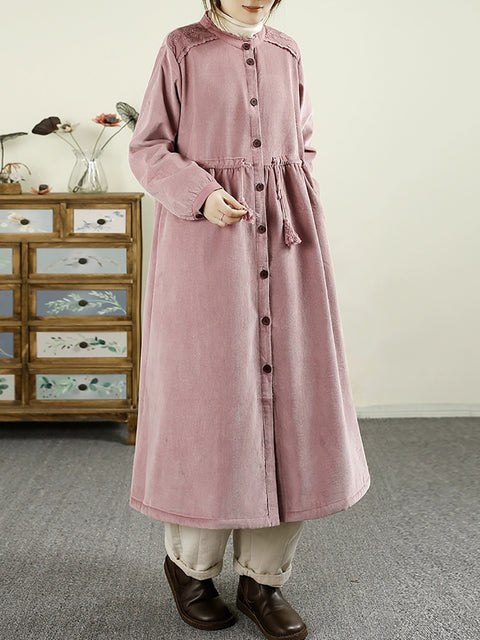 Women Vintage Autumn Corduroy Fleece-lined Strap Long Coat