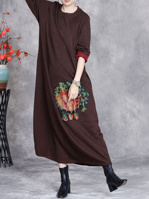 Women Autumn Artsy Flower Knit O-Neck Dress