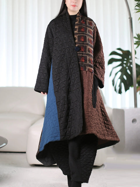 Plus Size Women Autumn Ethnic Colorblock Padded Coat