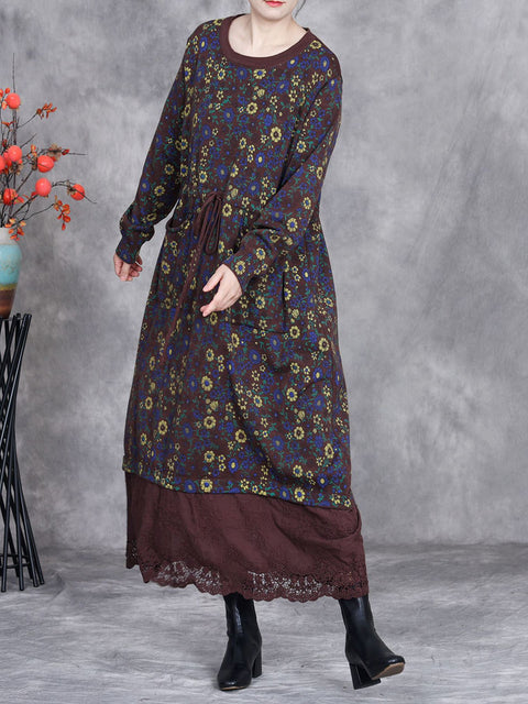 Women Autumn Artsy Floral Strap Knit O-Neck Dress