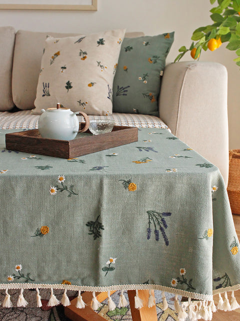 Artsy Foral Embroidery Cover Linen Tablecloth