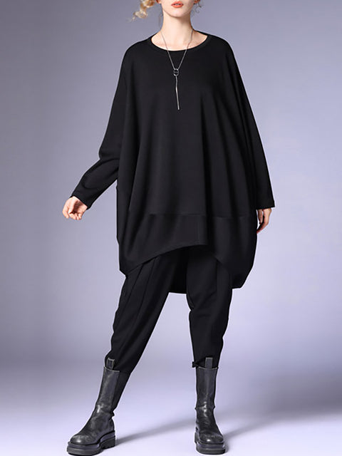 Plus Size Women Winter Casual Solid Long Sleeve O-Neck Dress