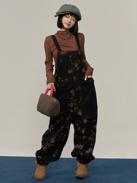 Women Retro Flower Denim Spliced Loose Jumpsuits