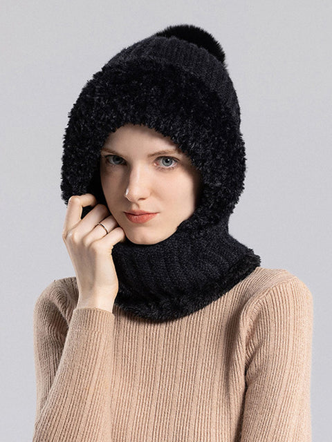 Women Winter Warm Knitted Plush Scarf Hat