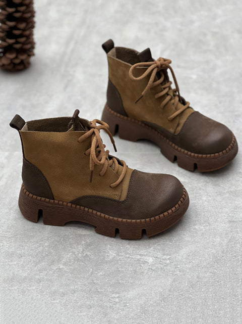 Women Winter Colorblock Leather Platform Martin Boots