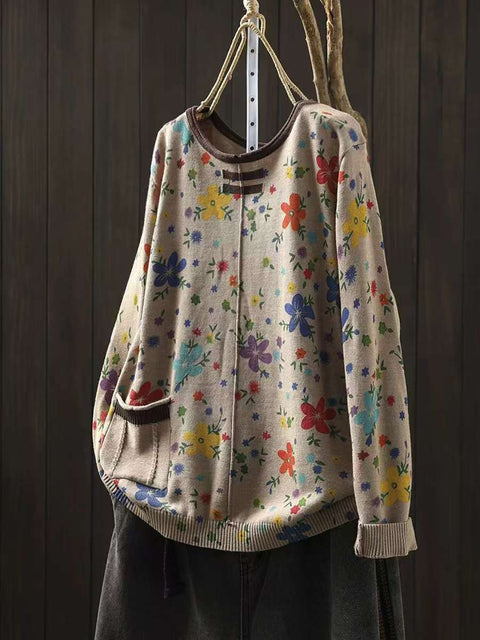 Women Autumn Casual Flower Knit O-Neck Sweater