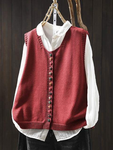 Women Casual Autumn Wool O-Neck Colorful Button Knit Vest