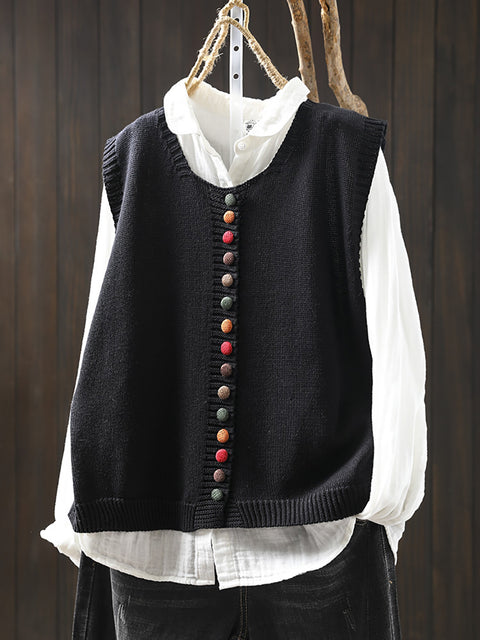 Women Casual Autumn Wool O-Neck Colorful Button Knit Vest