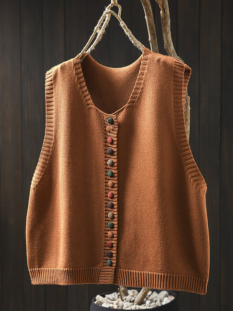 Women Casual Autumn Wool O-Neck Colorful Button Knit Vest