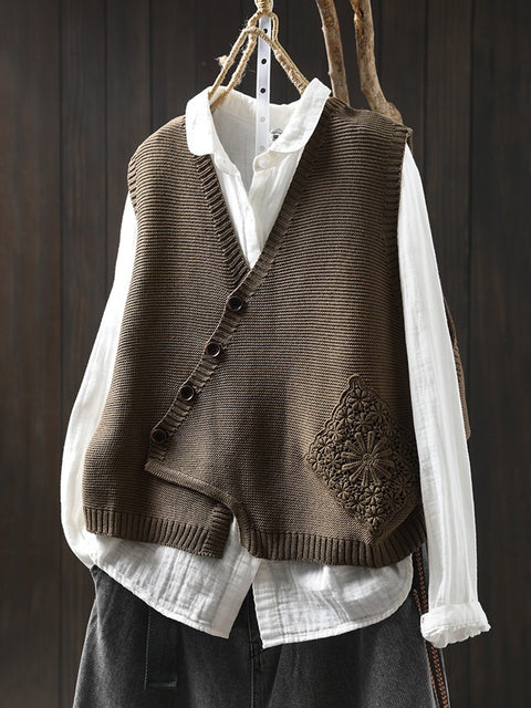 Women Casual Autumn Embroidery V-Neck Knit Vest