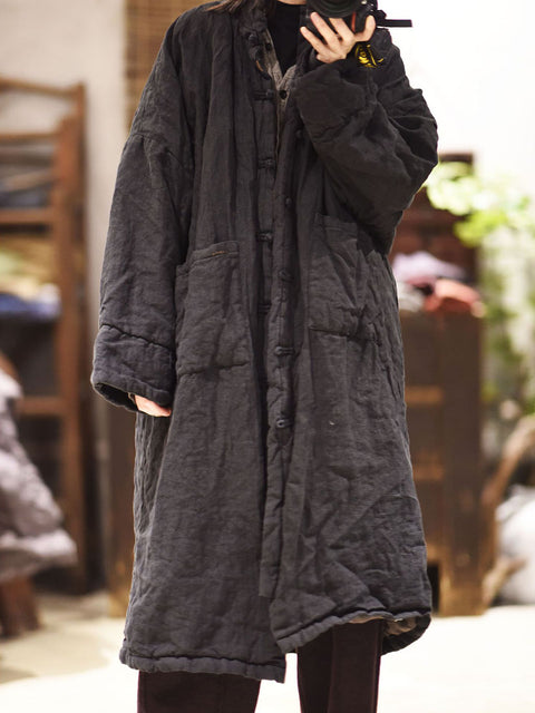 Women Winter Casual Pure Color Linen Padded Long Coat