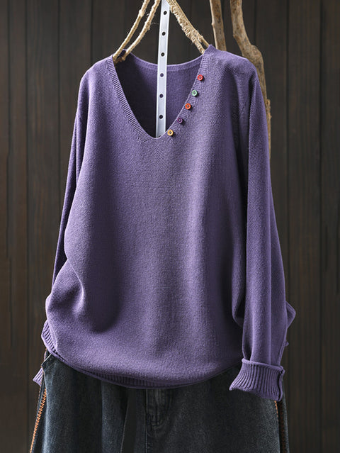 Women Autumn Casual Pure Color V-Neck Sweater